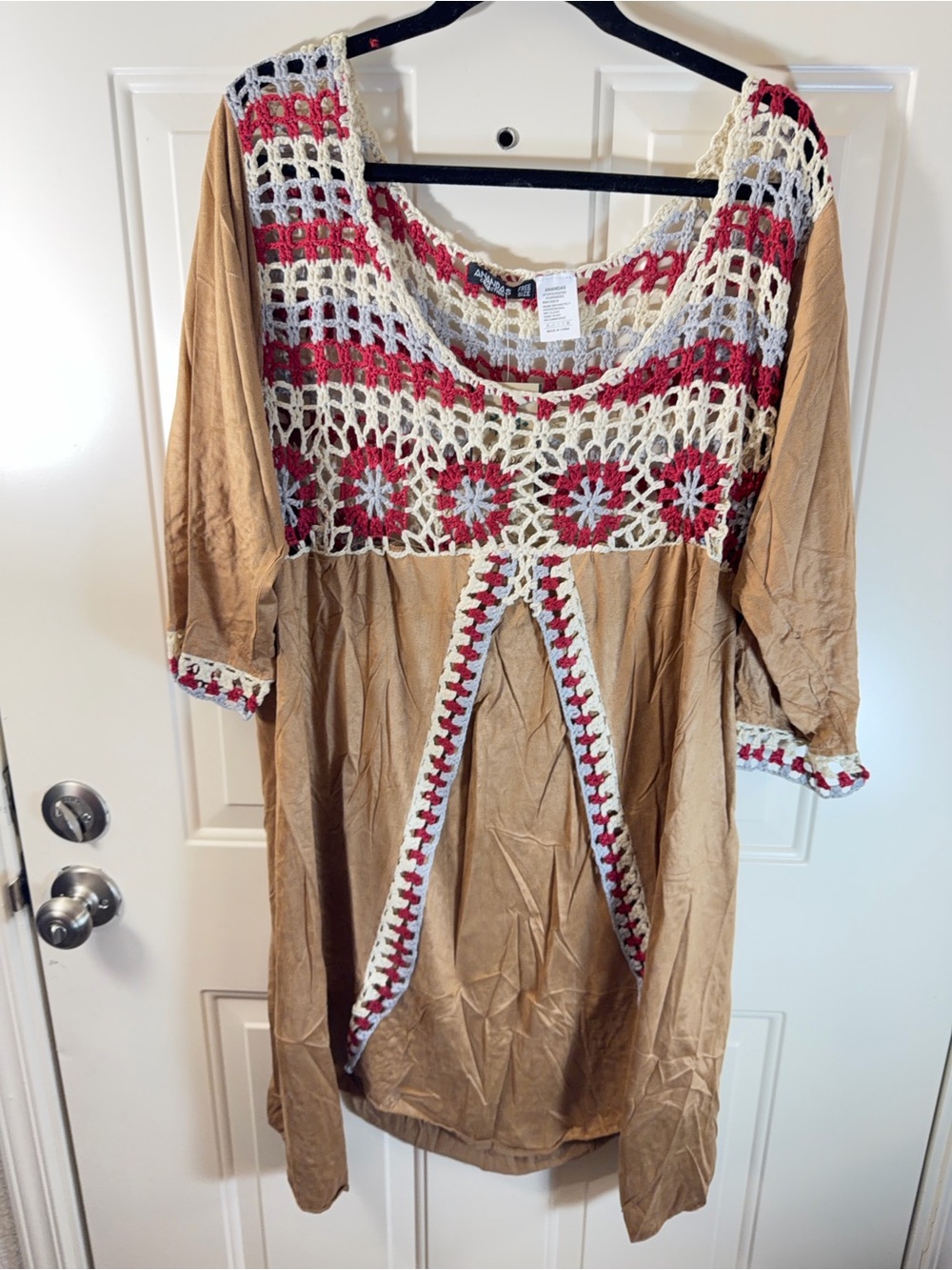 Anandas Collection Tan Crochet Patchwork Boho Tunic Dress Free Size